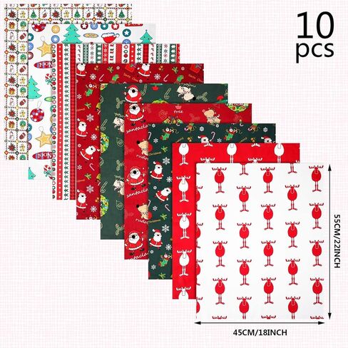 10 Pieces Christmas Fabric Bundles 18 x 22 Inch Sewing Squares Bundle Multi-Color Fabric Patchwork Christmas Tree Fat Quarters Precut Santa Claus Fabric Scraps for Christmas DIY Quilting in Saudi Arabia