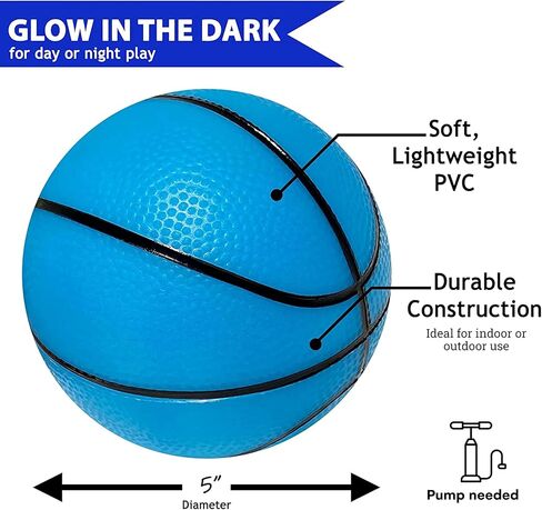 Botabee 5-Inch Glow in The Dark Small Basketball - (2 Pack) Glowing Basketball Toys for Mini Basketball Hoop - Soft and Lightweight - Durable PVC Bouncy Balls - Easy-Grip Ball for Kids Boys - Blue in Kuwait