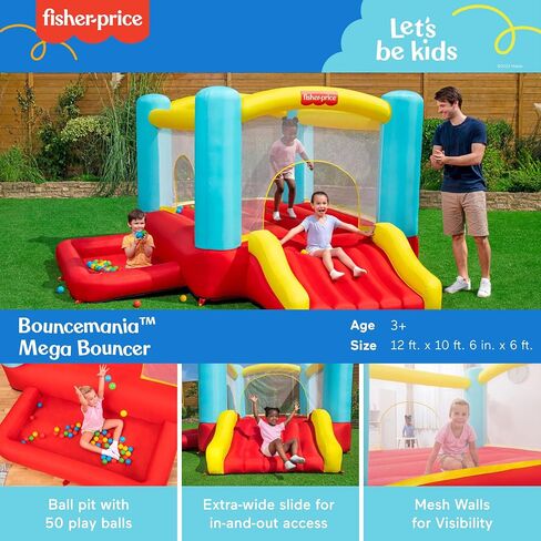 Fisher-Price Bouncemania Inflatable Mega Bouncer with 50 Piece Play Balls, 11 Bounce Stakes, Storage Bag, Blower, and Repair Kit, Multicolor in Saudi Arabia