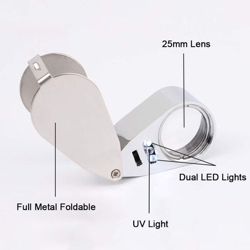 2 Pack 40X Metal Illuminated Jewelry Loop Magnifier, Magnifying Glass with LED Light Pocket Folding Jewelers Loupe for Currency Detecting Jewlers Identifying Type Lupe in Kuwait