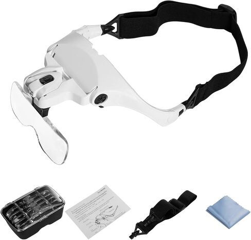 Headband Magnifier with LED Light, Head Mount Magnifier Glasses Light Bracket for Handsfree Reading Jewelry Loupe Watch Repair Sewing Lash Extension Dentist Tailor Needle Work,5 Replaceable Lenses in Kuwait