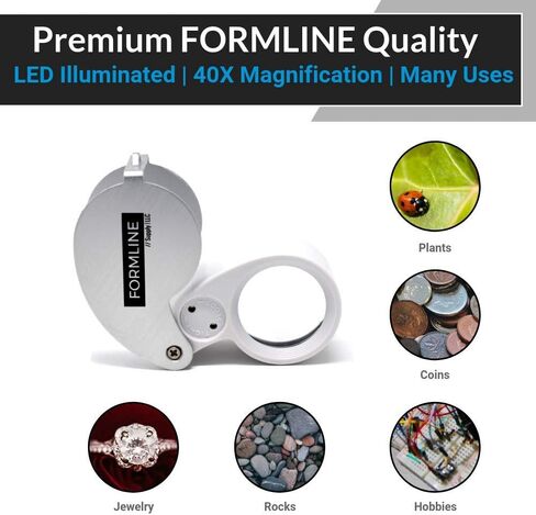 عدسة مجوهرات مضيئة 40X LED/نطاق Trichome من Formline Supply - مكبر جيد للبستنة والمجوهرات والتحف والعملات المعدنية والصخور والطوابع والهوايات والساعات والصور والعلوم (40X، أسود/أبيض) in Kuwait
