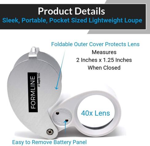 عدسة مجوهرات مضيئة 40X LED/نطاق Trichome من Formline Supply - مكبر جيد للبستنة والمجوهرات والتحف والعملات المعدنية والصخور والطوابع والهوايات والساعات والصور والعلوم (40X، أسود/أبيض) in Kuwait