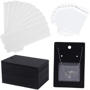Temlum 100 Pcs Jewelry Display Cards with 100 Pcs Adhesive Pouches & Clear Bags, Necklace Earring Card Holders for Selling Jewelry Packaging Supplies (White)