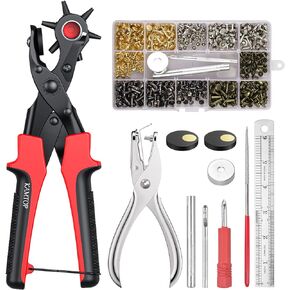 Leather Hole Punch Set, Kamtop 240 PCS Leather Double Cap Rivets with 1 PCS Heavy Duty Punch Plier, Belt Hole Puncher Revolving Leather Hole Punch Leather Rivets Tool Kit for Leather Belt Shoes Fabric