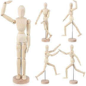 Hiboom 4 Pcs 12 Inch Posable Wooden Mannequin Figure Wood Human Model Drawing Figure Model Articulated Artists Manikin with Base and Flexible Body for Sketching Painting Christmas Desk Decoration