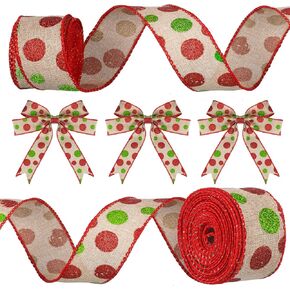 Tatuo 2 Rolls Christmas Wired Ribbon Christmas Glitter Burlap Ribbon Green Red Polka Dot Ribbon Christmas Tree Decoration DIY Craft Bows Wreath(Beige Base, 1.5 Inch x 6 Yard Per Roll)