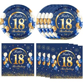 40PCS 100th Birthday Party Supplies Navy Blue and Gold Happy 100th Birthday Anniversary Disposable Tableware Include Plates and Napkins for Man Serve 20 in Kuwait