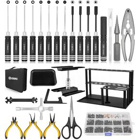 RC Tool Kit Screwdriver Set (Flat, Phillips, Hex) Metal Holder, RC Work Stand, 522PCS Screw Kit, Pliers Set, Body Reamer, Wrench, Tray, Repair Tool for RC Car Boat Quadcopter Helicopter -27pcs (Red)