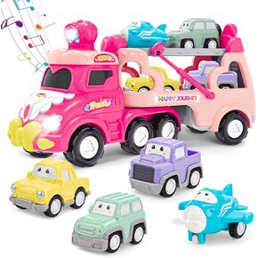 HEGUD Toddler Car Toys for 1 2 3 4 Year Old Girl, 5-in-1 Pink Princess Truck Girl Cars for Toddlers 1-3 with Light & Sound, Toddler Girl Toys Age 1-2 2-4,Birthday Gifts for Baby Girl Toys