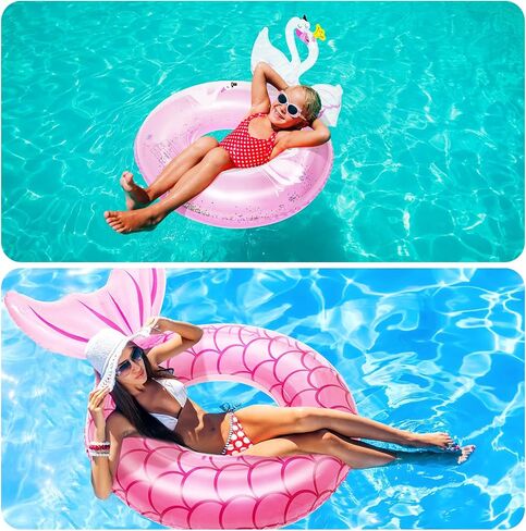 2 Pack Inflatable Swimming Ring, 36" & 24" Pool Float, Cute Pool Tubes with Glitters for Adults and Kids, Outdoor Pool Beach Water Floats Party Supplies, Kids Floaties for Swimming Pool in Kuwait