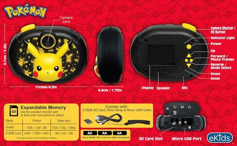ekids Pokemon Kids Camera with SD Card, Digital Camera for Kids with Video Camera, Built-in Digital Stickers for Fans of Pokemon Gifts for Kids in Saudi Arabia