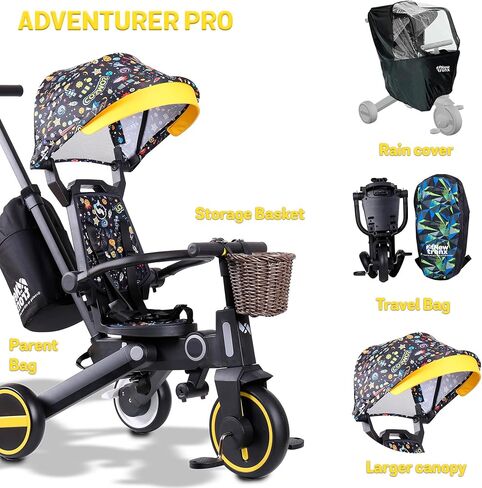 Adventure Pro Summer Edition - Foldable Tricycle for Toddlers-Big Canopy, Basket,Travel Backpack and Parent Bag - Toddler Tricycle for Ages 10 Months to 5 Years (Batman/Black) in Kuwait