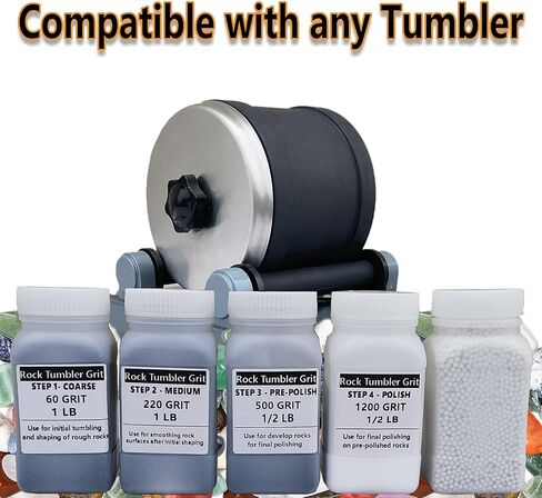 طقم وسائط حصى بهلوان صخري 4 رطل، مجموعة 5 في 1 من روك تمبلر - تتضمن 3 رطل 4 خطوات من حبيبات التلميع + 1 رطل 3 مم من وسائط حشو حبيبات السيراميك، مجموعة لوازم تلميع الصخور - أدوات تلميع الحجر in Kuwait
