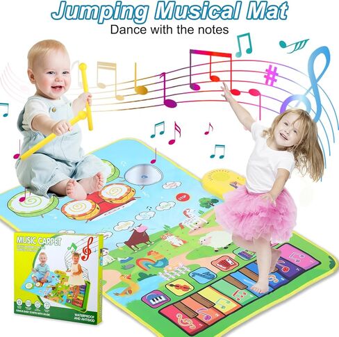 حصيرة اللعب الموسيقية Love&Mini Baby 2 في 1 - لوحة مفاتيح البيانو ولعبة الطبل للأطفال الصغار للتعليم المبكر، سجادة اللعب الموسيقية المحمولة التي تعمل باللمس، لعبة هدية عيد الميلاد لعمر 3 4 5+ سنوات للأولاد والبنات in Kuwait