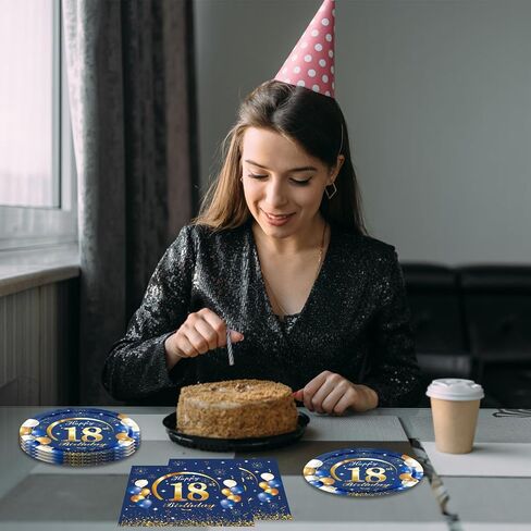 40PCS 100th Birthday Party Supplies Navy Blue and Gold Happy 100th Birthday Anniversary Disposable Tableware Include Plates and Napkins for Man Serve 20 in Kuwait