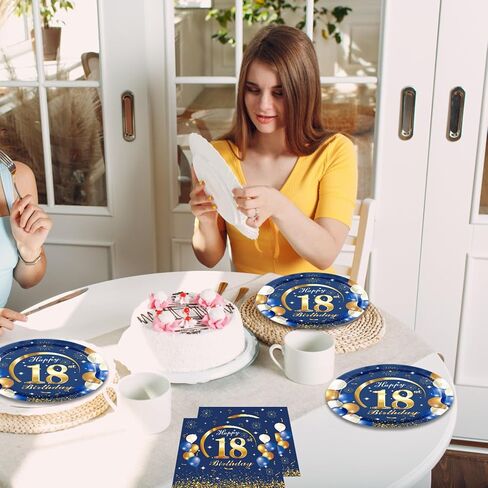 40PCS 100th Birthday Party Supplies Navy Blue and Gold Happy 100th Birthday Anniversary Disposable Tableware Include Plates and Napkins for Man Serve 20 in Kuwait