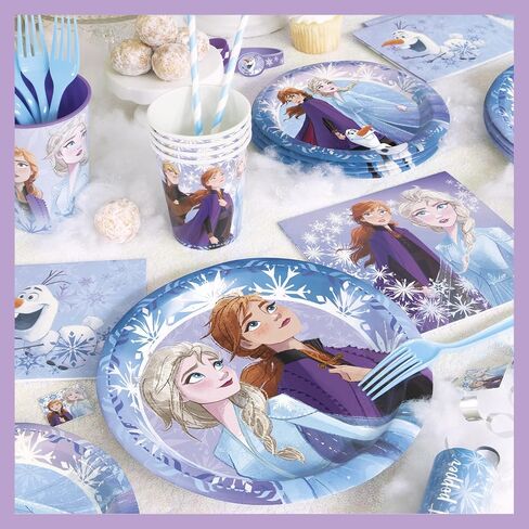 Frozen Birthday Party Supplies Set | Frozen Party Decorations | Frozen Party Supplies | Frozen 2 Theme With Elsa, Anna & Olaf for Boys & Girls | With Banner, Tablecloth / Table Cover, Dinner & Cake Plates, Napkins, Cups, Button | Serves 16 Guests in Saudi Arabia