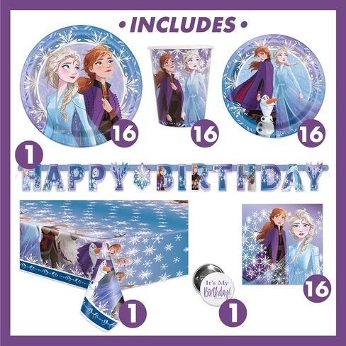 Frozen Birthday Party Supplies Set | Frozen Party Decorations | Frozen Party Supplies | Frozen 2 Theme With Elsa, Anna & Olaf for Boys & Girls | With Banner, Tablecloth / Table Cover, Dinner & Cake Plates, Napkins, Cups, Button | Serves 16 Guests in Saudi Arabia