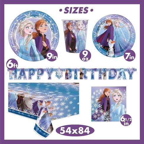 Frozen Birthday Party Supplies Set | Frozen Party Decorations | Frozen Party Supplies | Frozen 2 Theme With Elsa, Anna & Olaf for Boys & Girls | With Banner, Tablecloth / Table Cover, Dinner & Cake Plates, Napkins, Cups, Button | Serves 16 Guests in Saudi Arabia