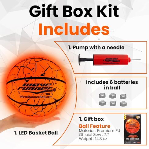 Wave Runner Glow in The Dark Basketball -Official Size 7 Light Up Toys for Night Ball Games, Regulation Size, Tap Activated - Ideal Glow Basketball Gifts and Toy Basketball for All Ages in Kuwait