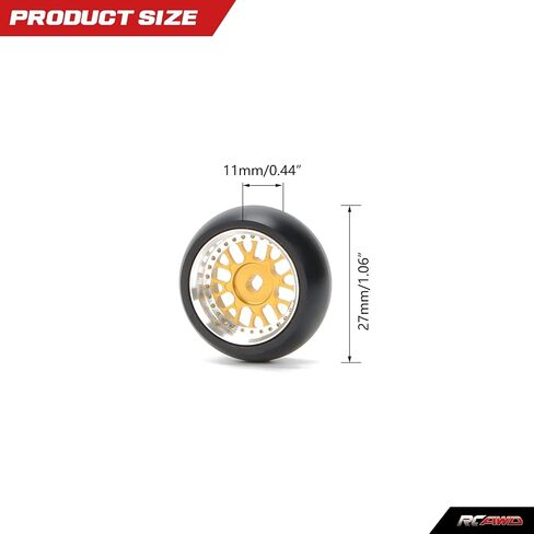 RCAWD RC Drift Wheels Enlarged Alum Rim Classic Drift Tire for 1/28 Kyosho Mini-Z Mini-Q Mini-D Wltoys K969 K989 P929 Upgrade Parts OD 29mm Width 11mm (Yellow) in Kuwait