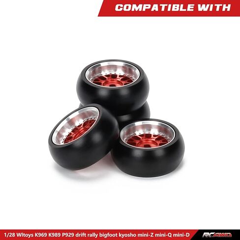 RCAWD RC Drift Wheels Enlarged Alum Rim Classic Drift Tire for 1/28 Kyosho Mini-Z Mini-Q Mini-D Wltoys K969 K989 P929 Upgrade Parts OD 29mm Width 11mm (Yellow) in Kuwait