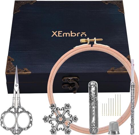 XEmbro Vintage Embroidery Scissors Set, Embroidery Accessories Box with Vintage Scissors and Beechwood Embroidery Hoop, European Style Embroidery Kit Gift for Cross Stitch and Needlework Lover in Kuwait