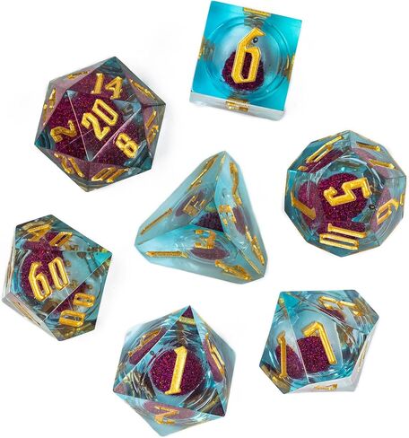 Cusdie Handmade DND Dice, Liquid Core Dice Set D&D Quicksand Sharp Dice, 7 PCs Transparent Polyhedral Dice Set for Dungeons & Dragons RPG MTG and Other Table Games(Blue and Green) in Kuwait