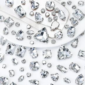 Dowarm White Sew on Rhinestones 104 PCS Mixed Shapes Glass Sew on Crystals for Crafts Metal Flatback Claw Gemstones for Jewelry Making Costumes Clothes Garment, Crystal Clear in Kuwait