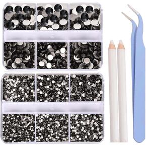 5300 Pieces Black Non Hotfix Flat Back Gems Round Resin Rhinestones Kit 4 Mixed Sizes（2-5mm） with Picking Pen and Tweezer for Nails Crafts Makeup Eyes DIY Christmas Gift Clothes Phone Bottles