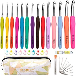 BCMRUN Crochet Hooks Set,14 PCS 2mm(B)-10mm(N) Ergonomic Soft Grip Handles Yarn Knitting Needles Kit with Case for Arthritic Hands, Extra Long  Knit Needles, Best Gift for Women