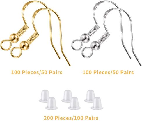 925 Sterling Silver Earring Hooks 200 PCS, Gold Earring Hooks for Jewelry Making, Hypoallergenic Fish Hook Earrings Making Kit, DIY Earring, with 200PCS Earring Backs and 200PCS Jump Rings in Saudi Arabia
