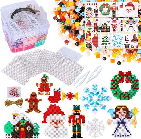 والين 8000 قطعة من خرز الصمامات اليدوية للكريسماس مع 23 نمط تصميم، 15 لون، 4 قوالب، 4 الواح ربط، 6 ورق كي، 5 سلسلة حمراء، 2 ملقط، خيط حريري ذهبي 6 متر للاطفال، هدايا العاب الكريسماس in Kuwait