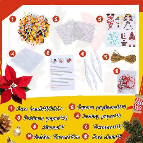 والين 8000 قطعة من خرز الصمامات اليدوية للكريسماس مع 23 نمط تصميم، 15 لون، 4 قوالب، 4 الواح ربط، 6 ورق كي، 5 سلسلة حمراء، 2 ملقط، خيط حريري ذهبي 6 متر للاطفال، هدايا العاب الكريسماس in Kuwait
