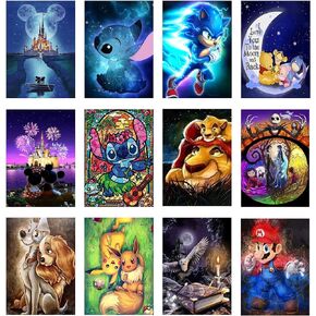 مجموعة الرسم الماسي 12 قطعة للبالغين والمبتدئين والاطفال من هكيجوي - مجموعات فنية ماسية كرتونية لغرز الاحجار الكريمة، هدية ديكور حائط المنزل (12 × 16 انش) in Kuwait