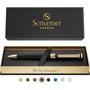 قلم حبر جاف من الكروم الفضي من Scriveiner - قلم فاخر مذهل بلمسة نهائية من الذهب عيار 24 قيراط، عبوة شميدت باللون الأسود، أفضل مجموعة هدايا من أقلام الكرة للرجال والنساء، احترافية، تنفيذية، مكتبية، لطيفة، فاخرة