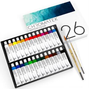 CHROMATEK Watercolor Paint Set | 62 Piece Kit | With Video Tutorial Course | Adults, Kids, Beginner & Professional Artists | Paper, 8 Brushes, Palette, Aquapen, Masking Tape | 12ml Tubes in Kuwait