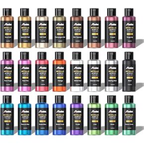 ABEIER Metallic Acrylic Paint, Set of 24 Metallic Colors in 2oz/60ml Bottle, Rich Pigments, Non Fading, Non Toxic Paints for Artist, Beginners & Kids Painting on Rocks Crafts Canvas Wood, Fabric&Stone