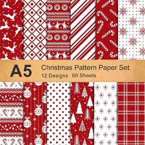 Whaline 12 Designs Christmas Pattern Paper A5 Size 60 Sheet Snowflake Reindeer Christmas Tree Glossy Pattern Paper White Red Decorative Craft Paper Double-Sided Folded Flat for Card Making Scrapbook in Kuwait