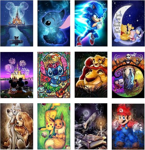 مجموعة الرسم الماسي 12 قطعة للبالغين والمبتدئين والاطفال من هكيجوي - مجموعات فنية ماسية كرتونية لغرز الاحجار الكريمة، هدية ديكور حائط المنزل (12 × 16 انش) in Kuwait