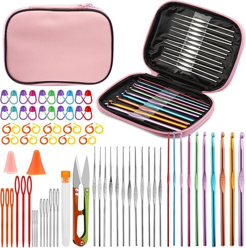 uoou 80 جهاز كمبيوتر شخصي الكروشيه السنانير مجموعة للمبتدئين، الكروشيه السنانير عدة الكروشيه مع حالة التخزين، إبر الحياكة المريحة إبر حادة، علامة غرزة الحياكة اليدوية أدوات الفن الحرفية للمبتدئين، برتقالي in Kuwait