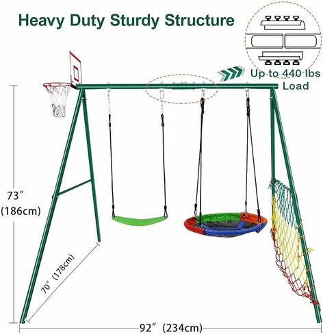 مجموعة أرجوحة CYFIE للأطفال والبالغين في الهواء الطلق، طقم أرجوحة في الفناء الخلفي مع حامل عالي التحمل، أرجوحة صحن، أرجوحة حزام، طوق كرة السلة، شبكة كرة قدم، مجموعة أرجوحة بإطار معدني بوزن 440 رطلاً in Kuwait