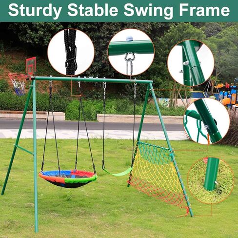 مجموعة أرجوحة CYFIE للأطفال والبالغين في الهواء الطلق، طقم أرجوحة في الفناء الخلفي مع حامل عالي التحمل، أرجوحة صحن، أرجوحة حزام، طوق كرة السلة، شبكة كرة قدم، مجموعة أرجوحة بإطار معدني بوزن 440 رطلاً in Kuwait