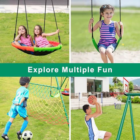مجموعة أرجوحة CYFIE للأطفال والبالغين في الهواء الطلق، طقم أرجوحة في الفناء الخلفي مع حامل عالي التحمل، أرجوحة صحن، أرجوحة حزام، طوق كرة السلة، شبكة كرة قدم، مجموعة أرجوحة بإطار معدني بوزن 440 رطلاً in Kuwait