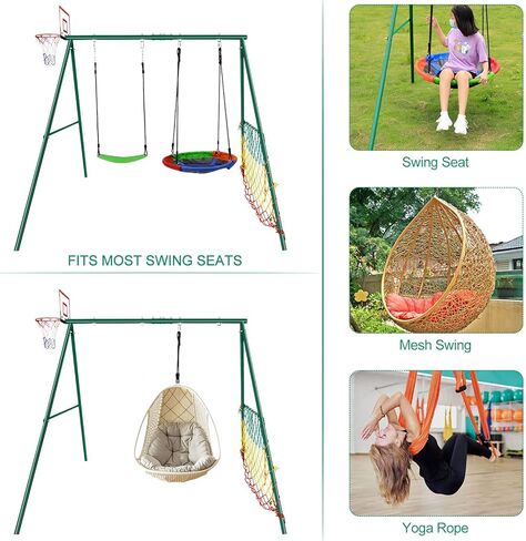 مجموعة أرجوحة CYFIE للأطفال والبالغين في الهواء الطلق، طقم أرجوحة في الفناء الخلفي مع حامل عالي التحمل، أرجوحة صحن، أرجوحة حزام، طوق كرة السلة، شبكة كرة قدم، مجموعة أرجوحة بإطار معدني بوزن 440 رطلاً in Kuwait