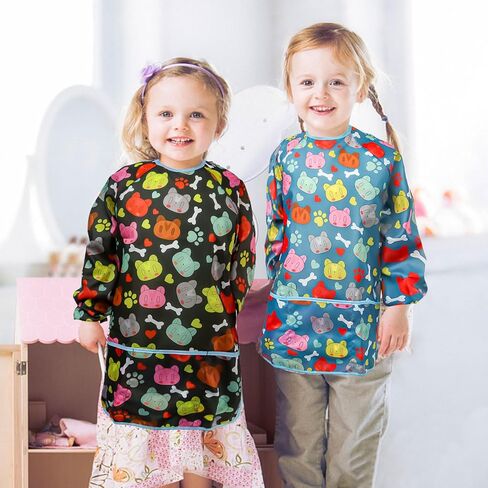 Casoty 2 حزمة مآزر فنية للأطفال، ثوب فني مقاوم للماء للأطفال، ثوب طلاء للأطفال الصغار، ثوب رسم للأطفال، ثوب طلاء للأطفال، مريلة رسم بأكمام طويلة مع 3 جيوب فسيحة لعمر 2-6 سنوات in Kuwait