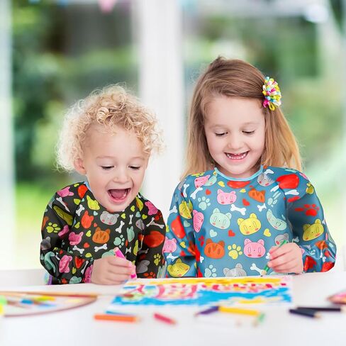 Casoty 2 حزمة مآزر فنية للأطفال، ثوب فني مقاوم للماء للأطفال، ثوب طلاء للأطفال الصغار، ثوب رسم للأطفال، ثوب طلاء للأطفال، مريلة رسم بأكمام طويلة مع 3 جيوب فسيحة لعمر 2-6 سنوات in Kuwait