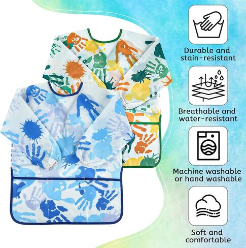 2 Pcs Kids Art Smock Painting Toddler Smock Long Sleeve with 3 Pockets for Kids Art Painting Activity Kitchen Crafts (Pink, Red) in Kuwait