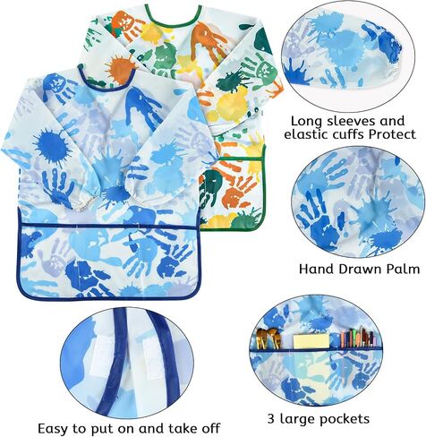 2 Pcs Kids Art Smock Painting Toddler Smock Long Sleeve with 3 Pockets for Kids Art Painting Activity Kitchen Crafts (Pink, Red) in Kuwait